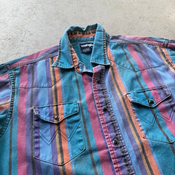 Vintage 90's Wrangler Striped Brushpopper Western Blue Pearl Snap Shirt Sz XL - Picture 5 of 6